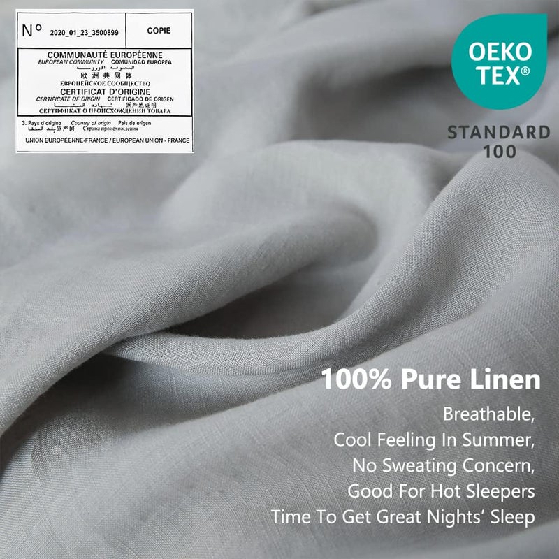 Simple&Opulence 100% Linen Sheet Set with Embroidery Washed - 3 Pieces (1 Flat Sheet & 1 Fitted Sheet & 1 Pillowcase) Natural Flax Soft Bedding Breathable Farmhouse - Light Grey, Twin Size - Image 2